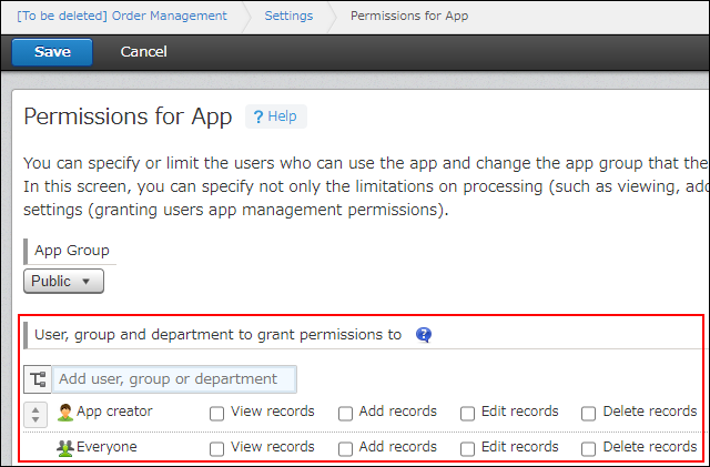 Screenshot: The "User, group and department to grant permissions to" section is highlighted on the "Permissions for app" screen