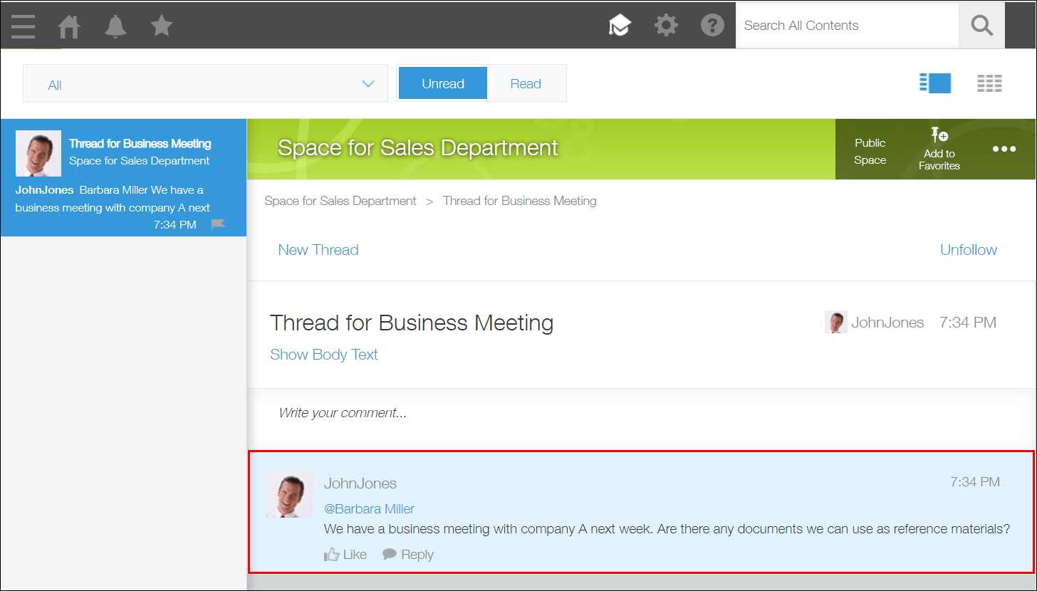 Screenshot: A thread is displayed after a new comment in the "Notifications" section was clicked