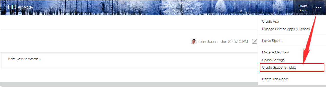 Captura de pantalla: El enlace "Crear plantilla de espacio" está descrito en un portal espacial