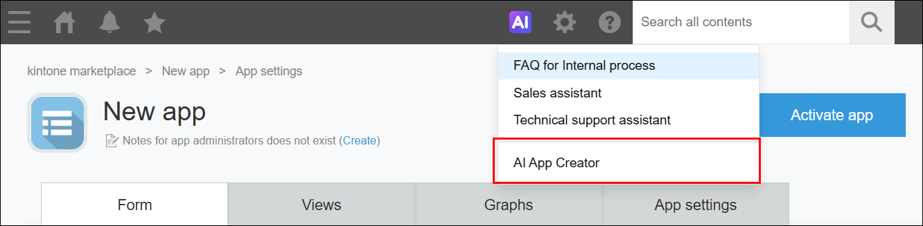Captura de pantalla: El enlace "Creador app con IA" está resaltado en el menú "AI"