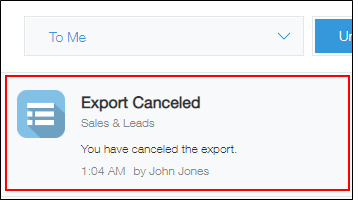 Captura de pantalla: Se muestra una notificación de que se canceló el proceso de exportación en la pantalla "Notificaciones".