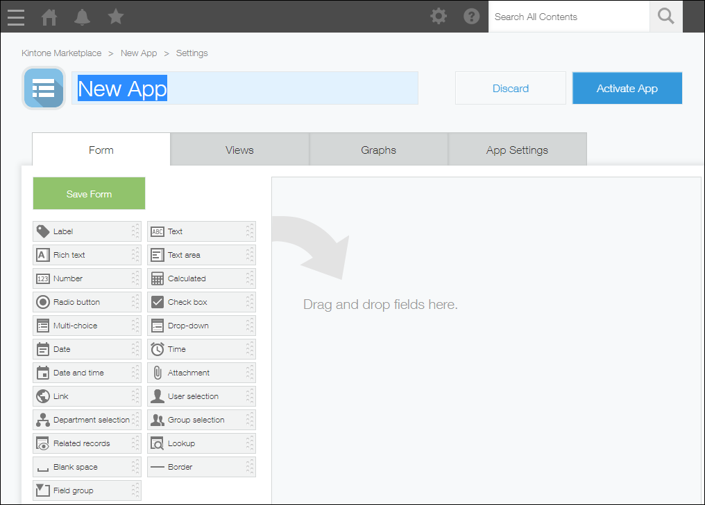 Captura de pantalla: Se muestra la pantalla de configuración de formulario de una nueva aplicación