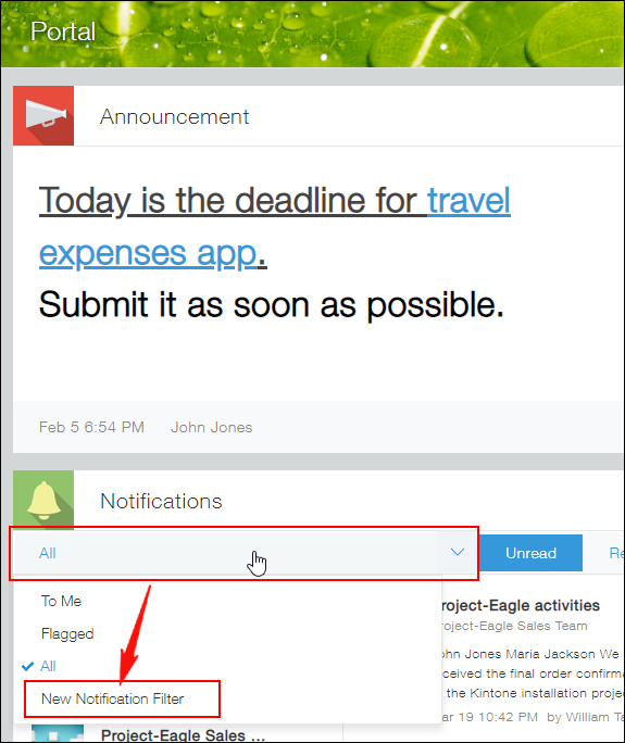 Captura de pantalla: Haga clic en "Nuevo filtro de notificaciones" en la lista desplegable de la sección "Notificaciones".