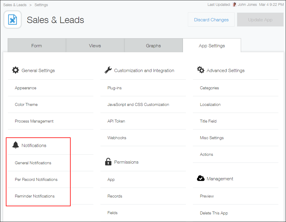 Captura de pantalla: La sección "Notificaciones" está resaltada en la pantalla "Configuración de la aplicación".