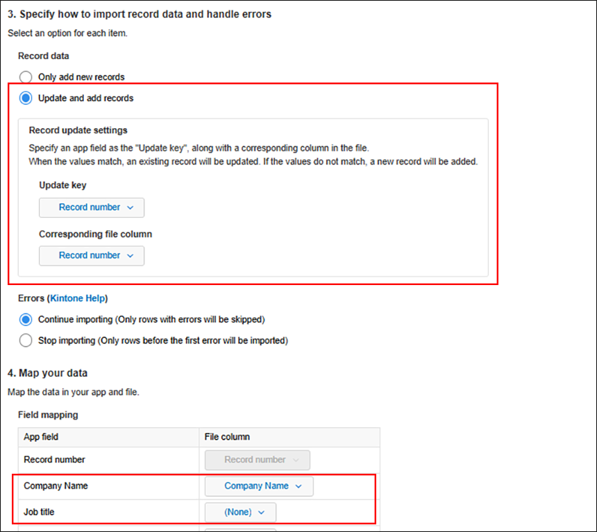 Captura de pantalla: Coincidencia de las columnas de un archivo importado con los campos de una aplicación