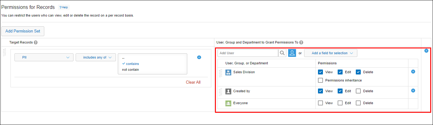 Captura de pantalla: Se describe el área para especificar permisos.