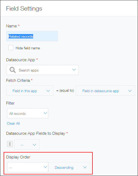 Captura de pantalla: La sección "Orden visualización" en la pantalla "Configuración de campo" está resaltada en rojo