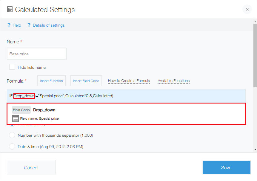 Captura de pantalla: Cuadro de diálogo "Configuración calculada". El cursor se mueve a un código de campo introducido en una fórmula y se muestra información sobre dicho código.