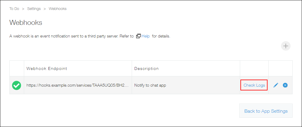 Captura de pantalla: La pantalla "Webhooks"