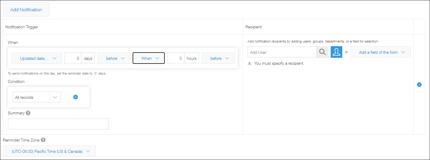 Captura de pantalla: Especificación de las condiciones para una notificación de recordatorio