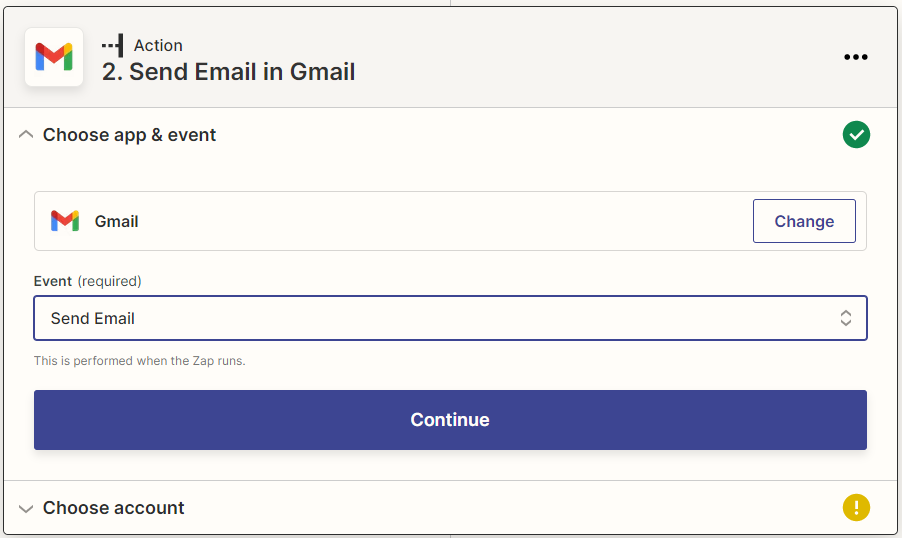 Captura de pantalla: "Enviar correo electrónico" está seleccionado en "Evento".