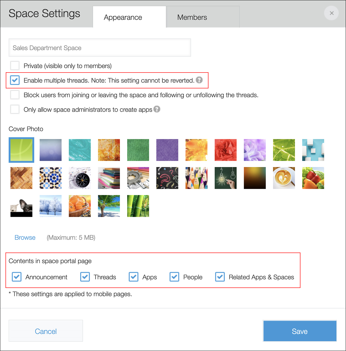 Captura de pantalla: Las configuraciones "Activar múltiples hilos" y "Contenidos en página portal espacio" están habilitadas en el cuadro de diálogo "Ajustes del espacio".