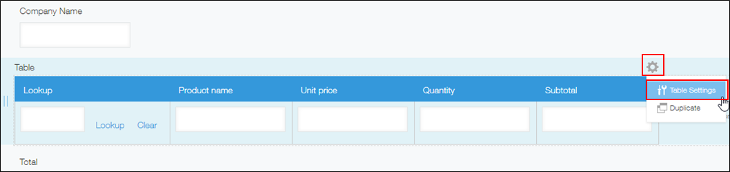 Captura de pantalla: El ícono "Configuración de campo" de una tabla y "Ajustes tabla" están resaltados