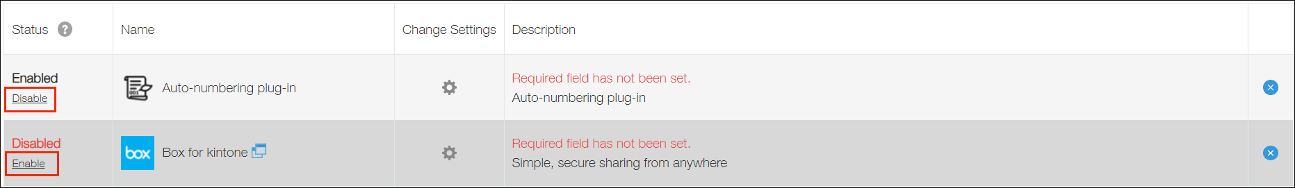 Captura de pantalla: Se muestran los enlaces "Habilitar" y "Deshabilitar".