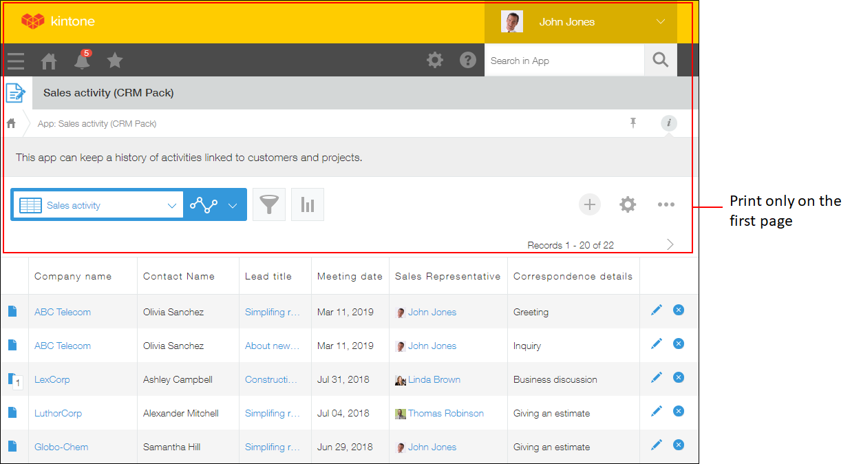 Captura de pantalla: Una parte de la pantalla "Ver" está resaltada en rojo para indicar la sección que solo se imprime en la primera página