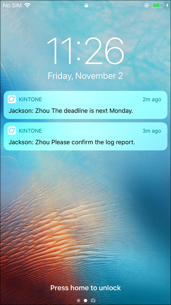 Captura de pantalla: Se muestra una notificación kintone en un dispositivo móvil