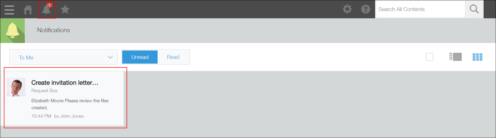 Captura de pantalla: Una notificación que se marcó como no leída se muestra en la lista de notificaciones no leídas