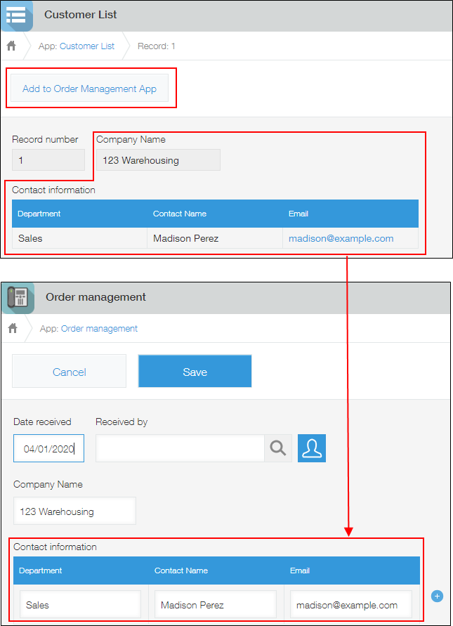 Captura de pantalla: Ejemplo de uso de una acción de la aplicación para agregar un registro