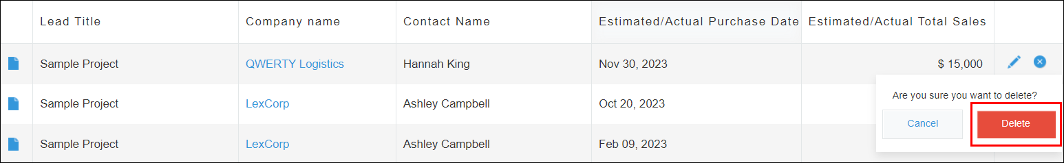 Captura de pantalla: El botón "Eliminar" que aparece después de hacer clic en el icono "Eliminar" está delineado
