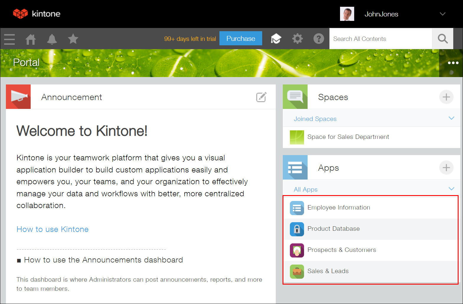 Captura de pantalla: La lista de aplicaciones en Portal