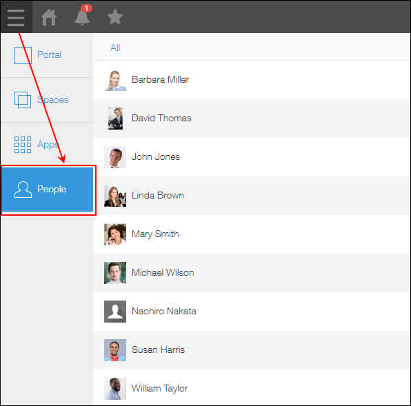 Captura de pantalla: Una flecha que indica los pasos para abrir una página de Personas desde el ícono "Menú de acceso rápido"