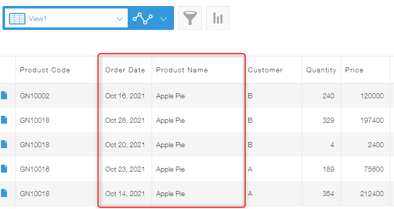 Captura de pantalla: Una pantalla "Ver" que muestra una lista filtrada de registros de resultados agregados