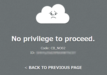 Captura de pantalla: Se muestra el mensaje de error "Sin priv. para seguir. Código: CB_NO02".