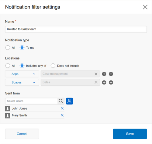 Captura de pantalla: El cuadro de diálogo "Ajustes del filtro de notificaciones"