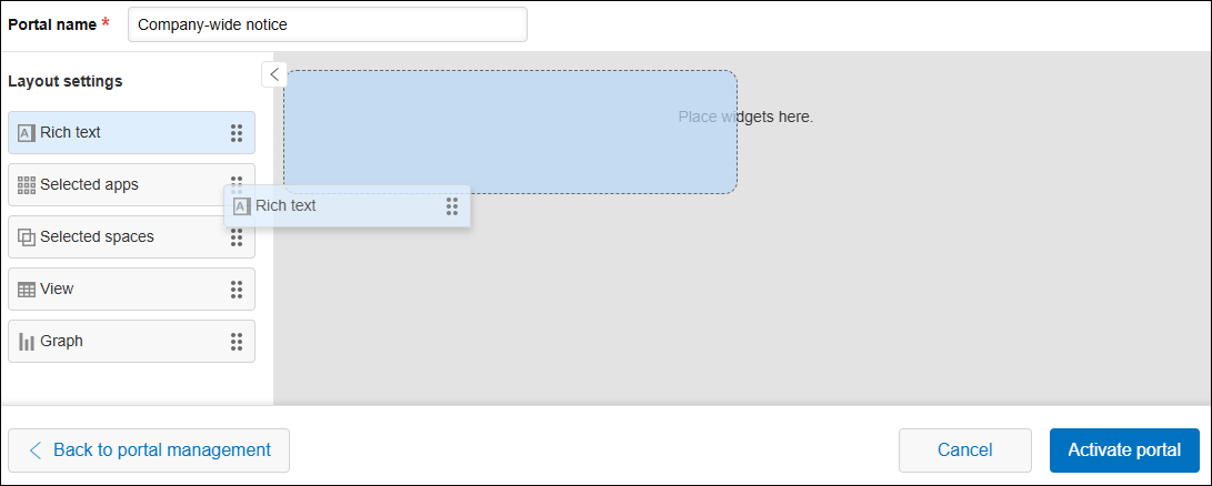 Captura de pantalla: Agregar un widget a un portal