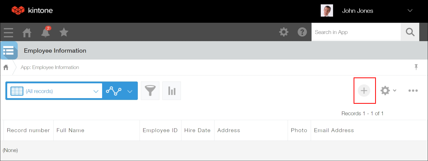 Captura de pantalla: El icono "Añadir registro" aparece en la pantalla "Ver".