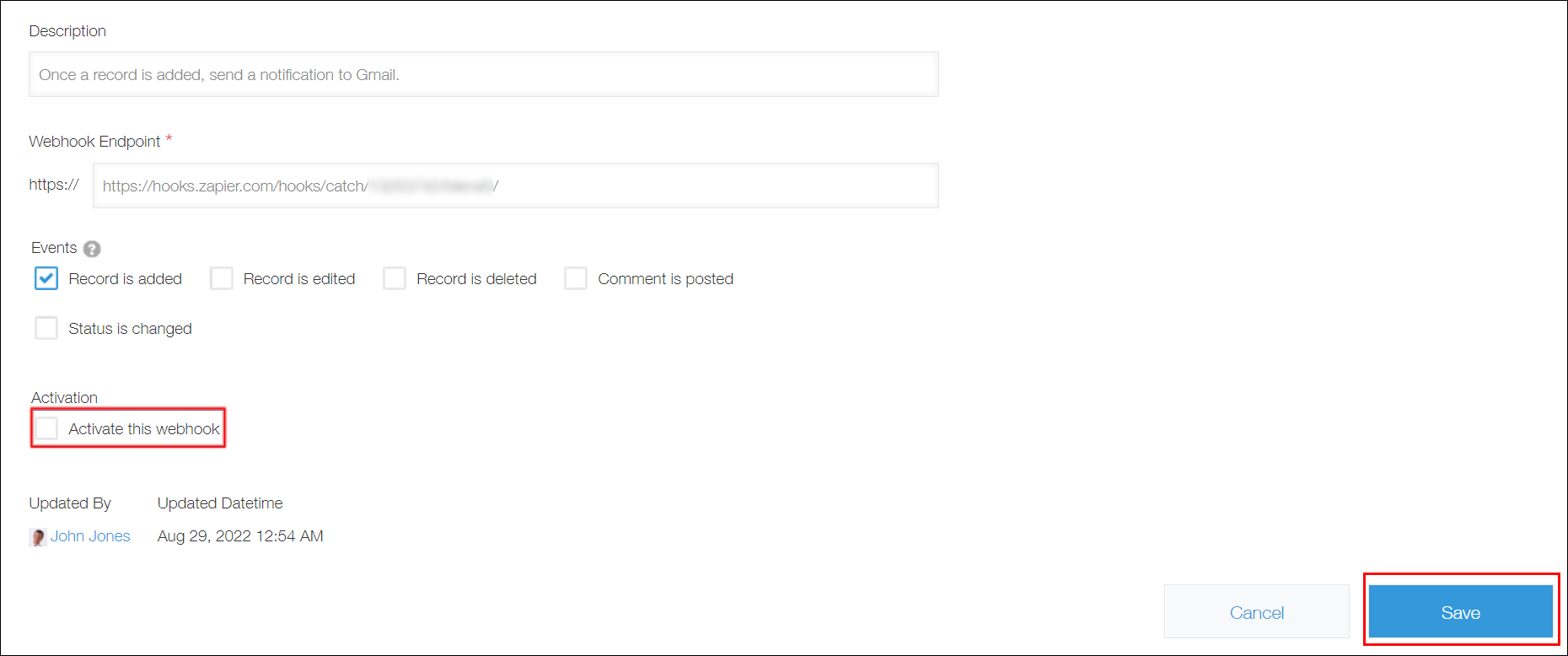 Captura de pantalla: "Activar este webhook" está resaltado