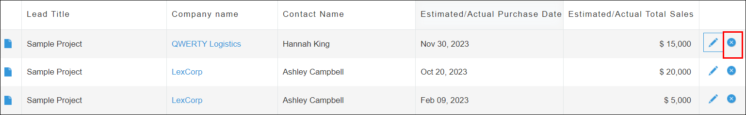 Captura de pantalla: El icono "Eliminar" está delineado