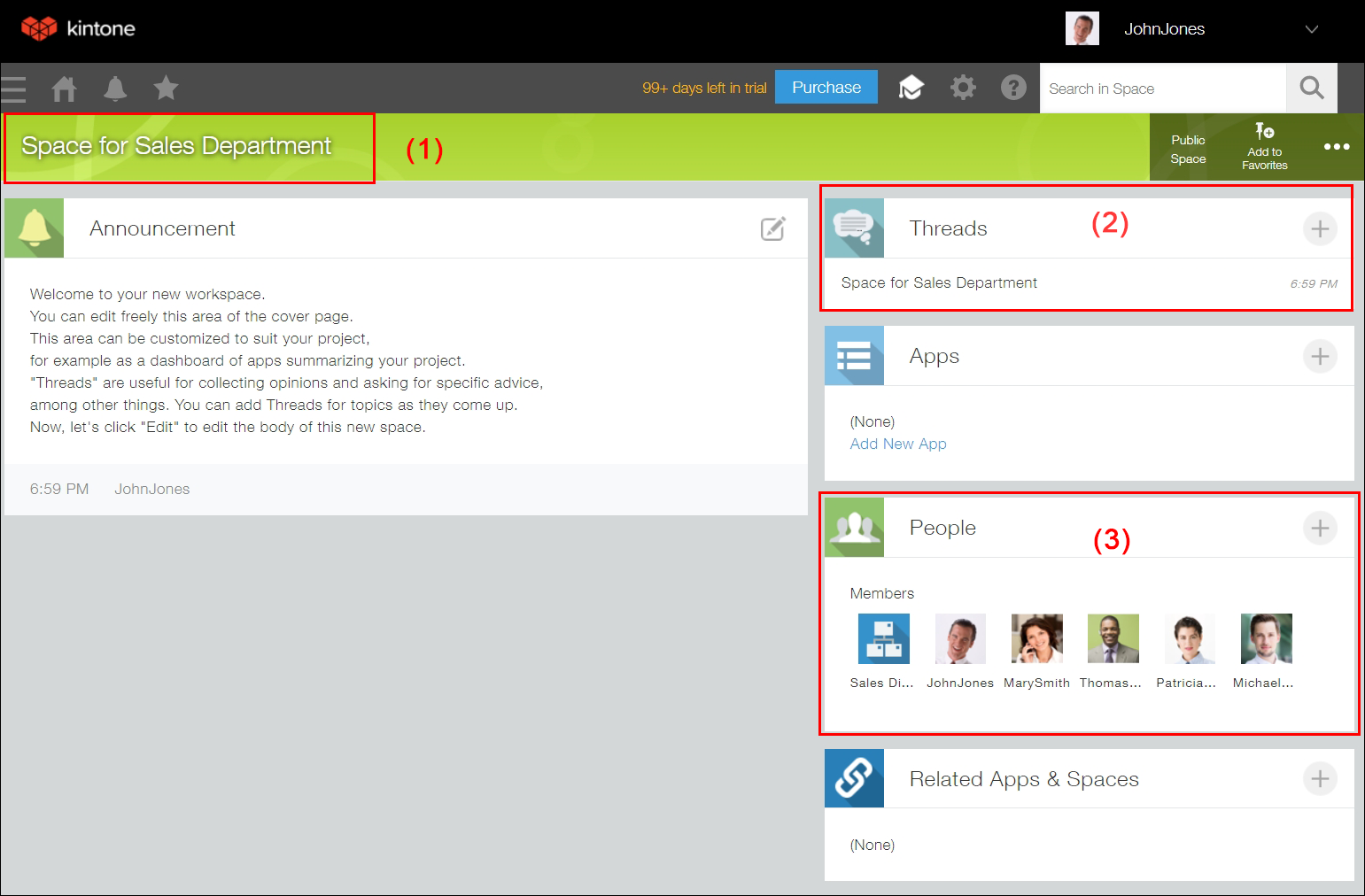 Captura de pantalla: La pantalla del espacio "Espacio para el Departamento de Ventas" después de su configuración.