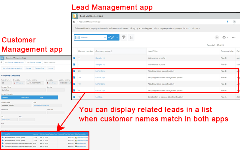 Captura de pantalla: Se muestra una lista de datos de otra aplicación usando la función Registros relacionados
