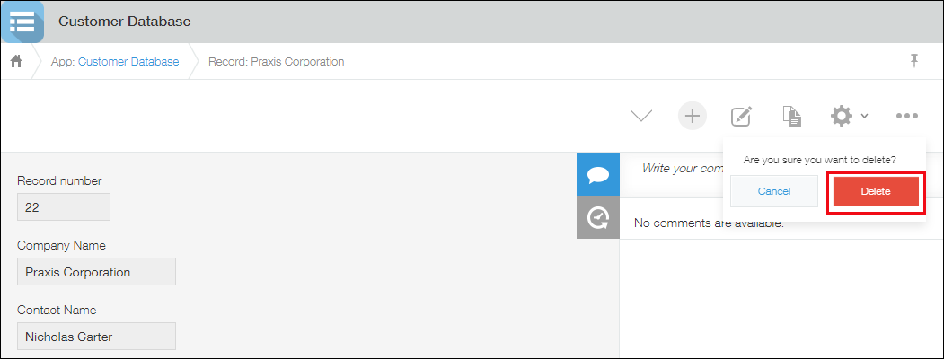 Captura de pantalla: El botón "Eliminar" está delineado