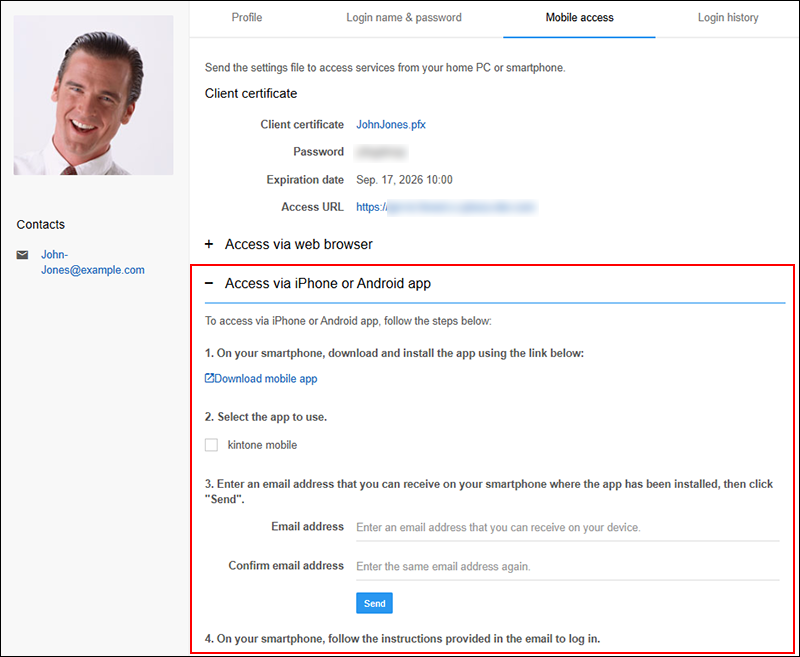 Captura de pantalla: Se describe "Acceso a través de la aplicación para iPhone o Android".