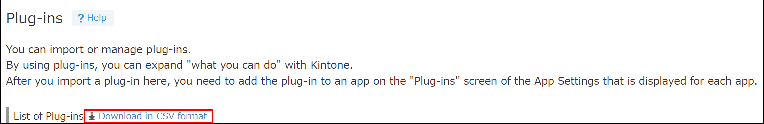 Captura de pantalla: "Descargar en formato CSV" en la pantalla "Complementos" está resaltado en rojo