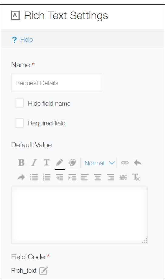 Captura de pantalla: La pantalla de configuración de un campo de "Texto enriquecido"