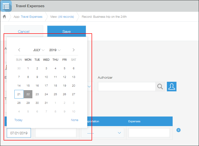 Captura de pantalla: Se muestra un calendario en la pantalla "Nuevo registro"