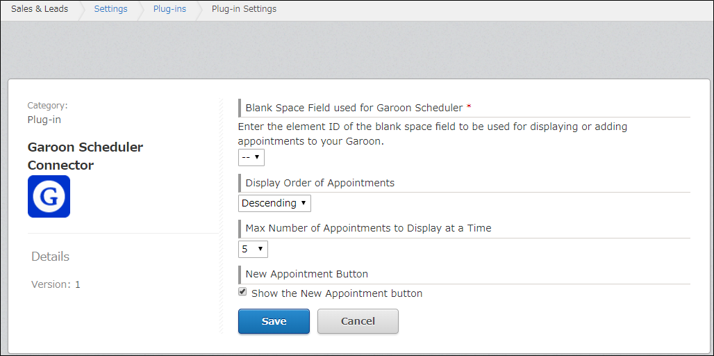 Captura de pantalla: La pantalla "Configuración del complemento"