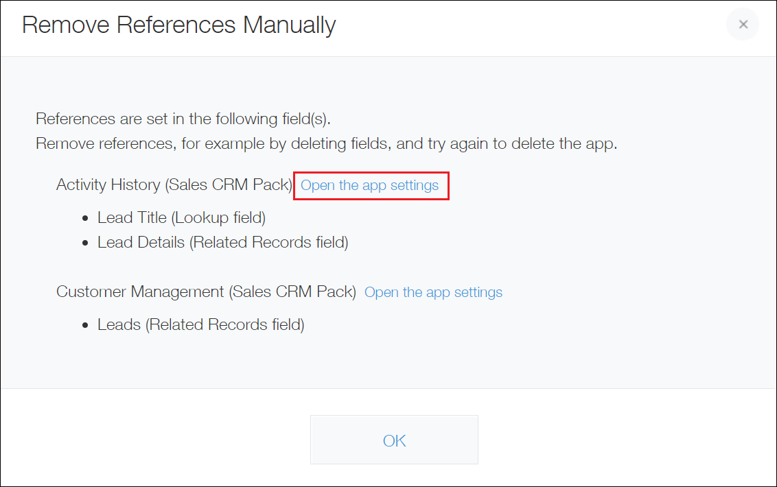 Captura de pantalla: Se muestra el enlace "Abra los ajustes de la app".