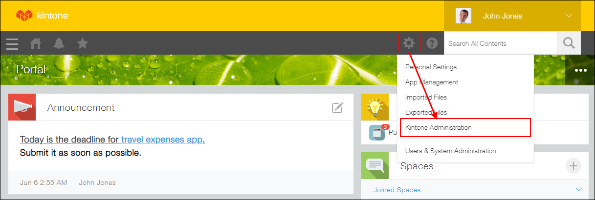 Captura de pantalla: Navegando y haciendo clic en la opción "Administración kintone"
