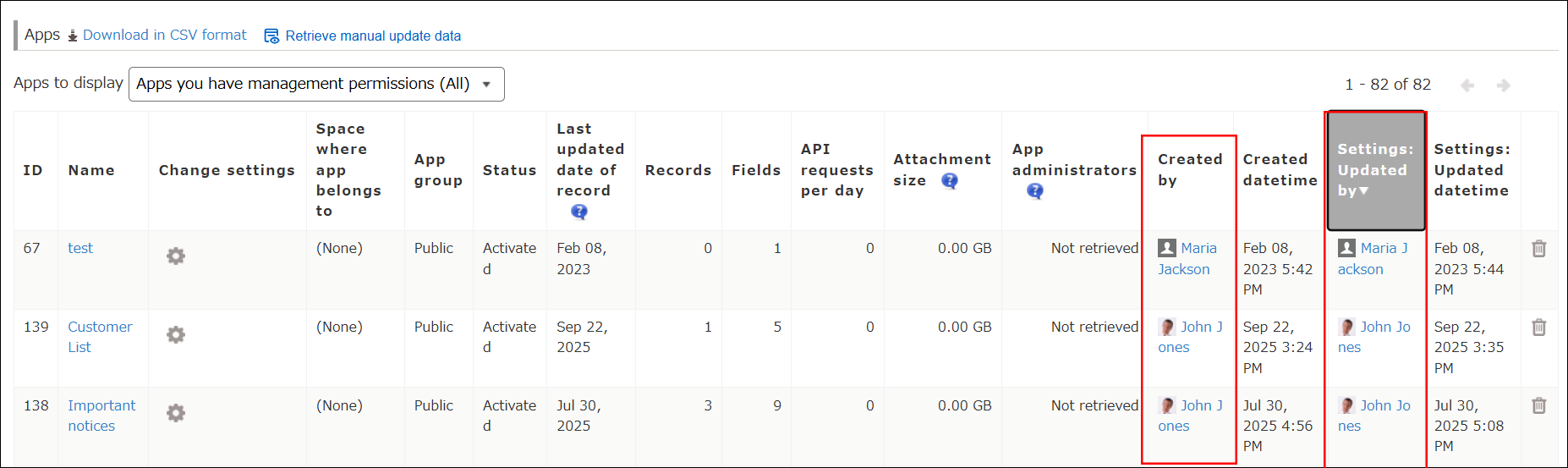 Captura de pantalla: Las columnas "Creado por" y "Configuración: Actualizado por" están resaltadas en la pantalla "Administración de aplicaciones".