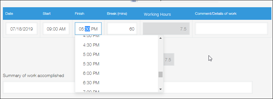 Captura de pantalla: La lista desplegable de tiempo se muestra en la pantalla "Nuevo registro"