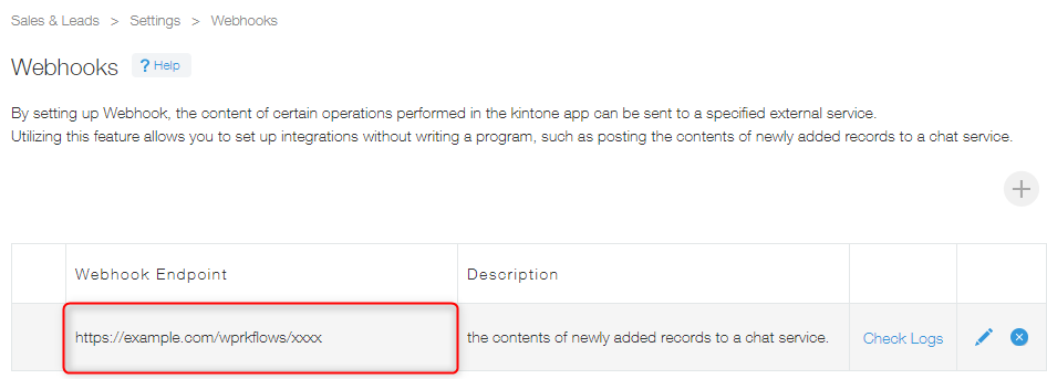 Captura de pantalla: La URL de un webhook aparece resaltada en la pantalla "Webhooks" en la configuración de la aplicación.