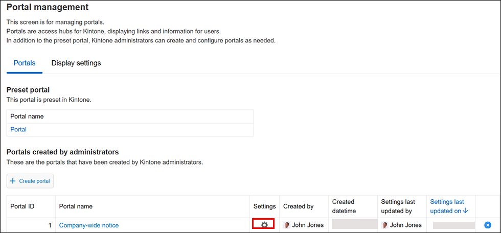 Captura de pantalla: El icono "Configuración" está resaltado en la pantalla "Gestión de portales".