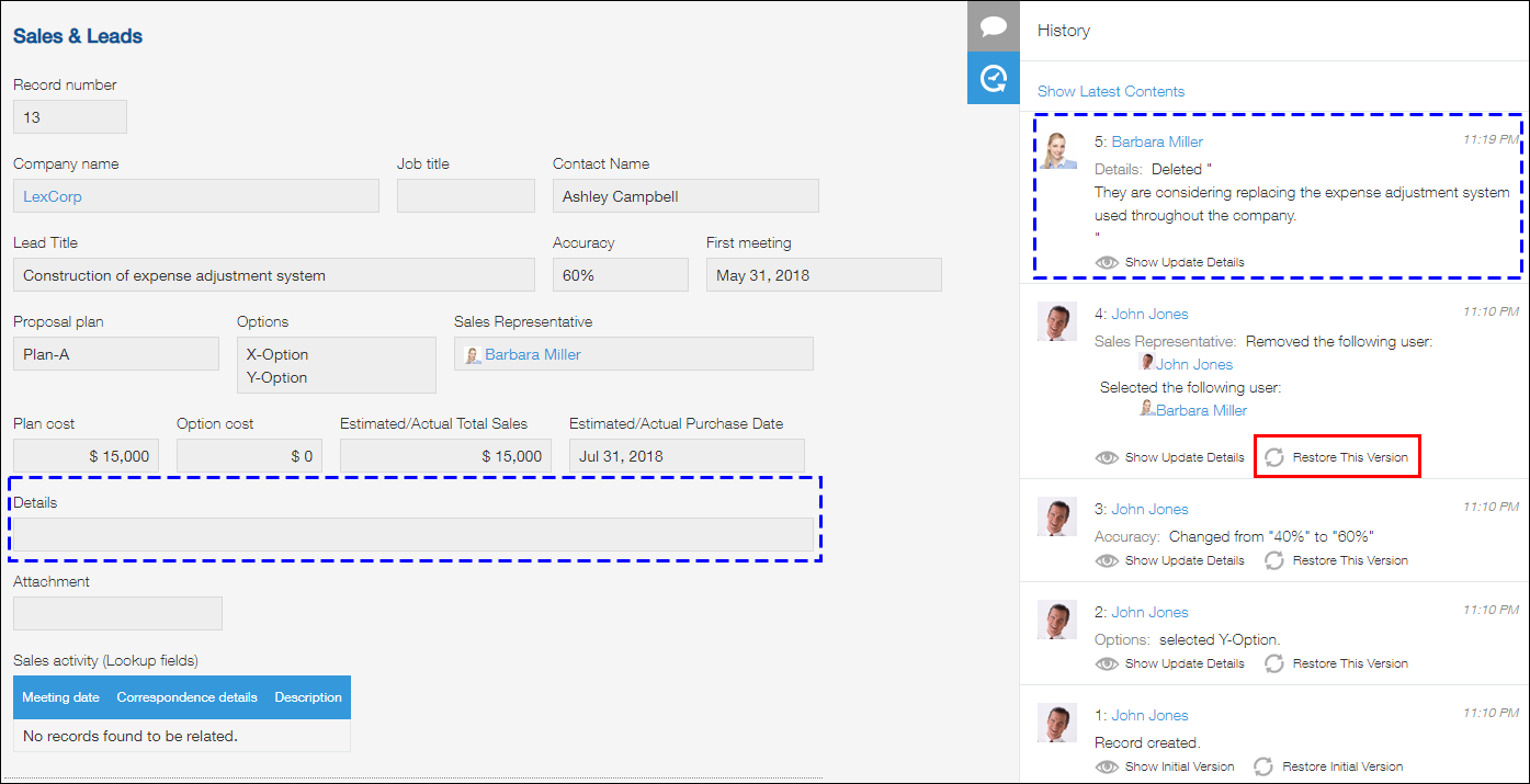 Captura de pantalla: El botón para restaurar una versión
