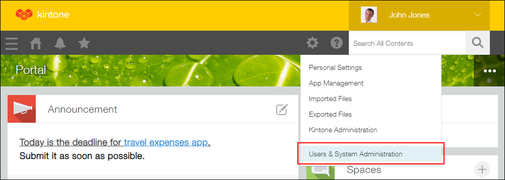 Captura de pantalla: haciendo clic en el icono "Configuración" y "Administración de usuarios y del sistema".