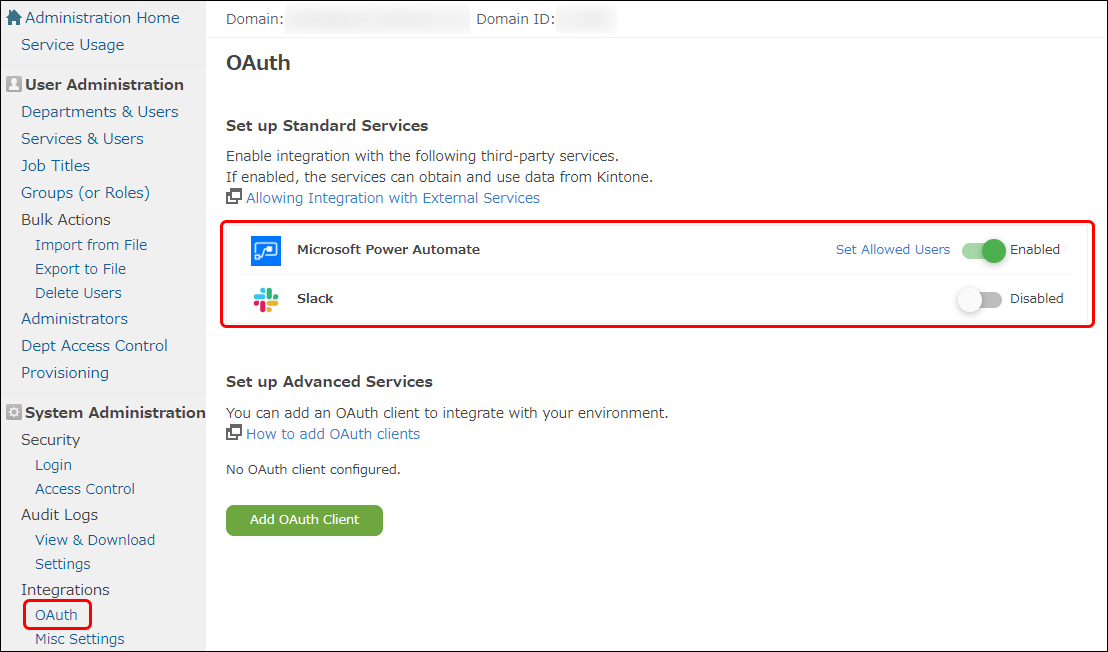 Captura de pantalla: Las secciones "Microsoft Power Automate" y "Slack" están resaltadas en la pantalla "OAuth" en "Usuarios y administración del sistema".