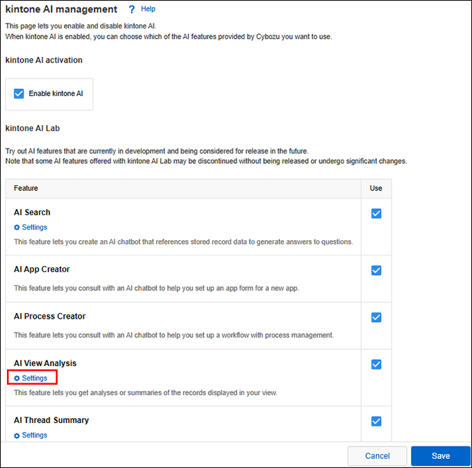 Captura de pantalla: El enlace "Configuración" está resaltado debajo del nombre de la función "Análisis de Vista con IA".